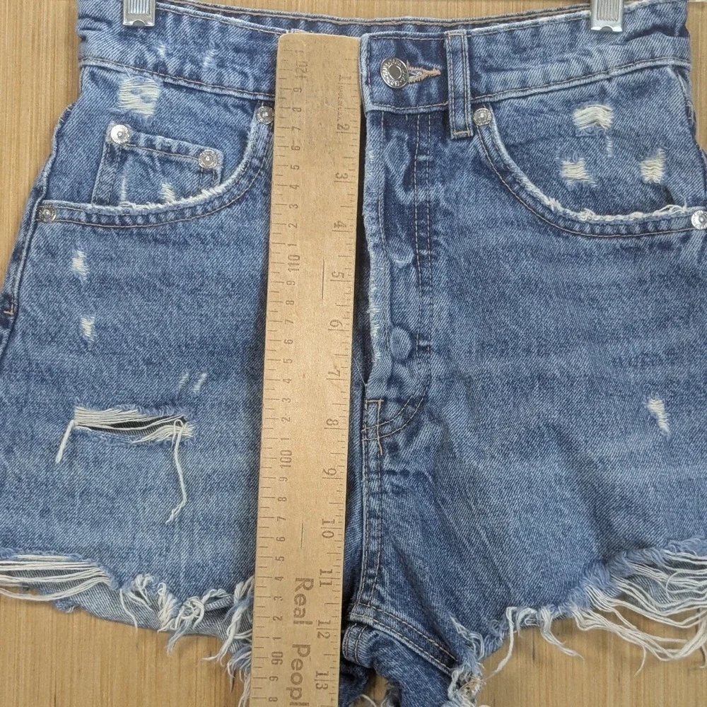 ZARA Blue Denim Distressed Cut Off Shorts Button Fly Raw Hem High Rise Women's 0